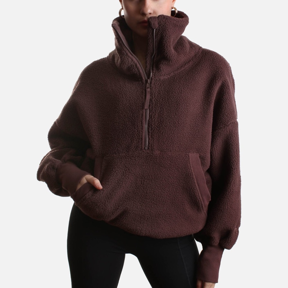Popflex Big Hug Half Zip Chocolate Brown Fleece Pullover Sweatshirt Jacket Small